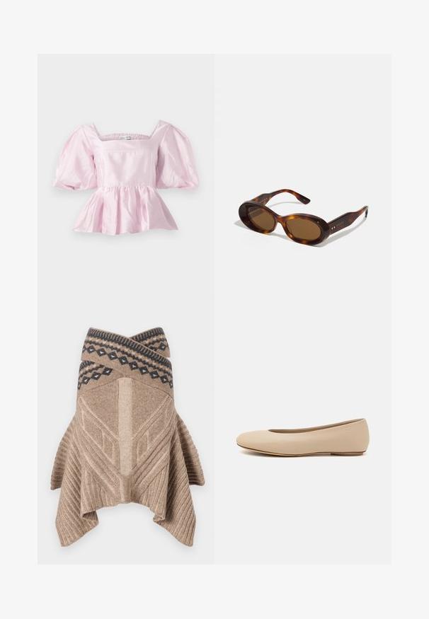 Světle růžový peplum top vyrobený z lesklého saténového materiálu. Má čtvercový výstřih a nabírané rukávy s elastickým lemem.; Béžový pletený pončo s ribkovanou texturou, geometrickým designem a kontrastním vzorovaným okrajem v tmavě modré barvě. Drapovaný, asymetrický lem.; Béžové kožené baletní byty s kulatou špičkou, minimálním prošíváním, nízkým podpatkem a decentním logem na zadní straně. Hladký, matný povrch.; Kočičí sluneční brýle s oválnými skly, hnědým tónem a zlatými akcenty na ramenech. Silné rámy s lesklým povrchem a hladkou texturou.