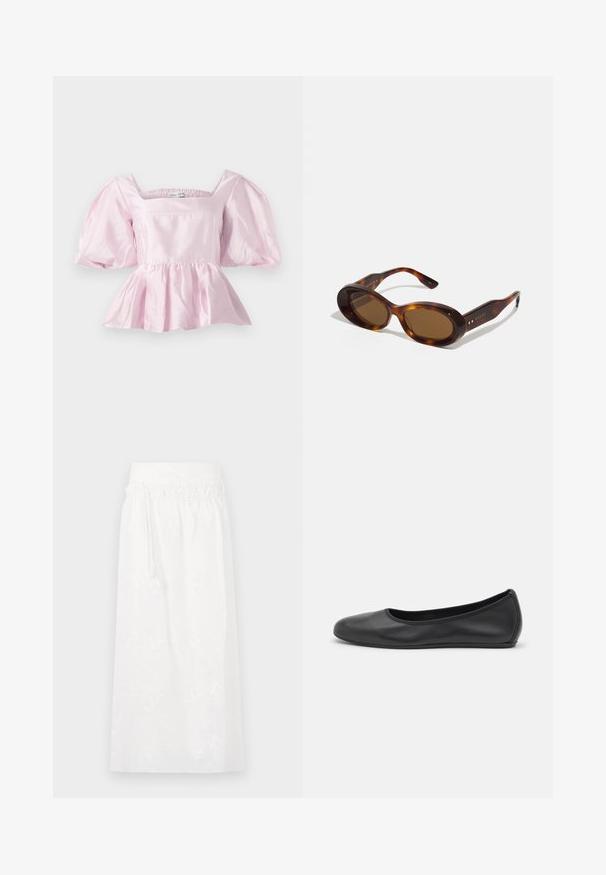 Haut peplum rose clair en satin brillant. Présente un décolleté carré et des manches bouffantes avec un ourlet élastiqué.; Jupe maxi blanche avec une taille élastique, de délicates broderies florales et un design fluide. Fabriquée en tissu léger.; Ballerines en cuir noir avec un bout rond, texture lisse, détails de couture minimalistes et design de semelle flexible.; Lunettes de soleil en écaille de tortue avec des verres ovales, teinte marron et accents dorés sur les branches. Montures épaisses avec une finition brillante et une texture lisse.