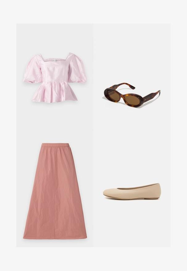 Haut peplum rose clair en satin brillant. Présente un décolleté carré et des manches bouffantes avec un ourlet élastiqué.; Jupe maxi rose en tissu léger, dotée d'une taille élastique, d'une texture lisse et sans motifs ni accents visibles.; Ballerines en cuir beige avec un bout arrondi, un minimum de coutures, un petit talon et un logo subtil à l'arrière. Texture lisse et mate.; Lunettes de soleil en écaille de tortue avec des verres ovales, teinte marron et accents dorés sur les branches. Montures épaisses avec une finition brillante et une texture lisse.