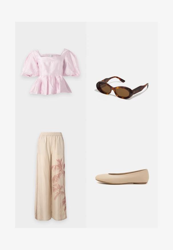 Light pink peplum top made from shiny satin fabric. Features a square neckline and puffed sleeves with an elasticized hem.; Beige wide-leg pants with an elastic waistband and a pink palm tree print on the left side. Smooth fabric with a relaxed fit.; Beige leather ballet flat with rounded toe, minimal seam detailing, low heel, and subtle logo on the back. Smooth, matte texture.; Tortoiseshell sunglasses with oval lenses, brown tint, and gold accents on the arms. Thick frames with a glossy finish and smooth texture.
