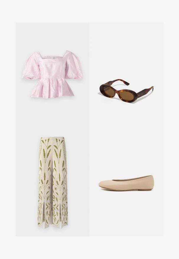 Vaaleanpunainen peplum-toppi, joka on valmistettu kiiltävästä satiinista. Siinä on neliönmuotoinen kaula-aukko ja puffihihat, joissa on elastinen helma.; Valkoset leveälahkeiset housut, joissa on vihreä kukkakirjonta. Housuissa on halkiot helmoissa ja monimutkaisia kasvi-aiheisia kuvioita.; Beige nahkara ballet flat dengan ujung bulat, detail jahitan minimal, hak rendah, dan logo halus di bagian belakang. Tekstur halus dan matte.; Kilpikonnakuosiset aurinkolasit, joissa on soikeat linssit, ruskea sävy ja kultaiset yksityiskohdat sangoissa. Paksut kehykset, joissa on kiiltävä pinta ja sileä tekstuuri.
