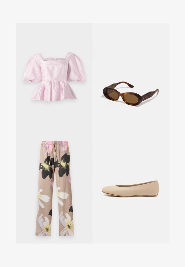 Light pink peplum top made from shiny satin fabric. Features a square neckline and puffed sleeves with an elasticized hem.; Floral print pants in beige with large black and white flower designs, featuring an elastic waistband with a pink drawstring.; Beige leather ballet flat with rounded toe, minimal seam detailing, low heel, and subtle logo on the back. Smooth, matte texture.; Tortoiseshell sunglasses with oval lenses, brown tint, and gold accents on the arms. Thick frames with a glossy finish and smooth texture.