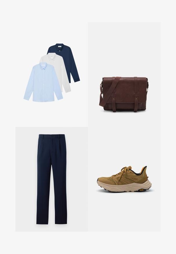 Kolme pitkähihasta paitaa: vaaleansininen, valkoinen ja laivaston sininen. Kaikissa on klassinen kaulus ja napitettavat etuosat, valmistettu sileästä kankaasta.; Tummansinisiä housuja, jotka on valmistettu sileästä kankaasta. Housuissa on yksinkertainen nappikiinnitys, laskokset ja suorat lahkeet. Minimalistinen muotoilu ilman huomattavia kuvioita.; HOKA ANACAPA 2 FREEDOM - Vaelluskengät - wheat/oak; Ruskea nahkainen viestintälaatikko, jossa on litteä etuläppä, kaksi remmiä, kultaiset yksityiskohdat ja säädettävä olkahihna.