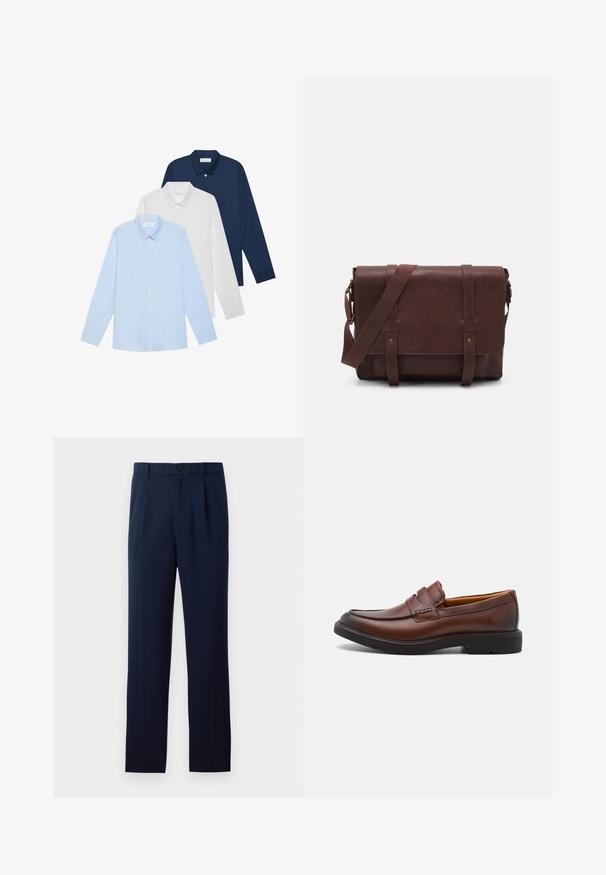 Three long-sleeve shirts: light blue, white, and navy. All have a classic collar and button-down front, made of smooth fabric.; Navy blue trousers made of smooth fabric, featuring a single button closure, pleats, and straight legs. Minimalist design with no notable patterns.; Brown leather loafers with a rounded toe, decorative stitching, and a black rubber sole. Smooth texture and minimal design details.; Brown leather messenger bag with a flat front flap, two straps, gold hardware accents, and an adjustable shoulder strap.