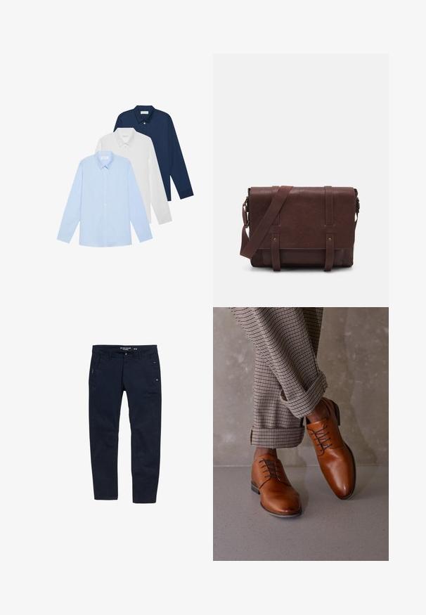 Drie overhemden met lange mouwen: lichtblauw, wit en marineblauw. Allemaal hebben ze een klassieke kraag en een knoopsluiting aan de voorkant, gemaakt van een gladde stof.; Navyblauwe broek van katoen met een rechte pasvorm. Voorzien van twee zijzakken en een knoopsluiting. Minimalistisch ontwerp met subtiele accenten.; Bruine leren schoenen hebben een ronde neus, een vetersluiting met vijf gaten en contrasterende donkere veters. De broek is geruit en opgerold bij de mouwen.; Bruine lederen schoudertas met een platte voorflap, twee banden, gouden hardware-accenten en een verstelbare schouderband.