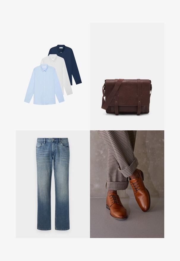 Trys ilgomis rankovėmis: šviesiai mėlynas, baltas ir tamsiai mėlynas. Visi turi klasikinį apykaklę ir sagstomą priekį, pagaminti iš lygaus audinio.; TOM TAILOR MARVIN - Tiesaus kirpimo džinsai - clean mid stone blue denim; Rudonos odinės bateliai turi apvalią nosį, penkias akių raištelių sistemas ir kontrastinius tamsius raištelius. Kelnės yra languotos, surišamos ties kulkšniais.; Rudas odinis paštininko krepšys su lygiu priekiniu dangčiu, dviem diržais, auksiniais detalėmis ir reguliuojamu peties diržu.