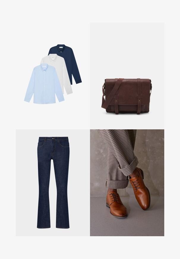 Three long-sleeve shirts: light blue, white, and navy. All have a classic collar and button-down front, made of smooth fabric.; Dark blue denim flared jeans with a mid-rise waist, five pockets, and contrasting stitching. Smooth texture with minimal wear.; Brown leather shoes feature a rounded toe, five eyelet lace-up design, and contrasting dark laces. Pants are plaid, rolled at the cuffs.; Brown leather messenger bag with a flat front flap, two straps, gold hardware accents, and an adjustable shoulder strap.