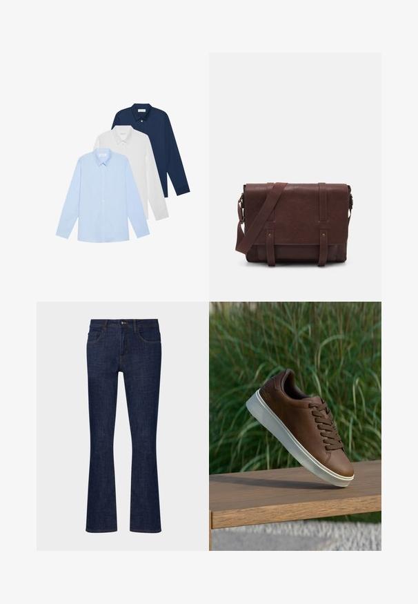 Tre camicie a maniche lunghe: azzurra chiara, bianca e blu navy. Tutte hanno un colletto classico e una chiusura con bottoni, realizzate in tessuto liscio.; Jeans a zampa d'elefante in denim blu scuro con vita media, cinque tasche e cuciture a contrasto. Texture liscia con minimo usura.; Sneaker in pelle marrone con suola in gomma bianca, punta arrotondata e lacci marroni. Grip testurizzato sulla suola e finitura liscia sulla parte superiore.; Borsa a tracolla in pelle marrone con un davanti piatto, due cinghie, dettagli in metallo dorato e una tracolla regolabile.