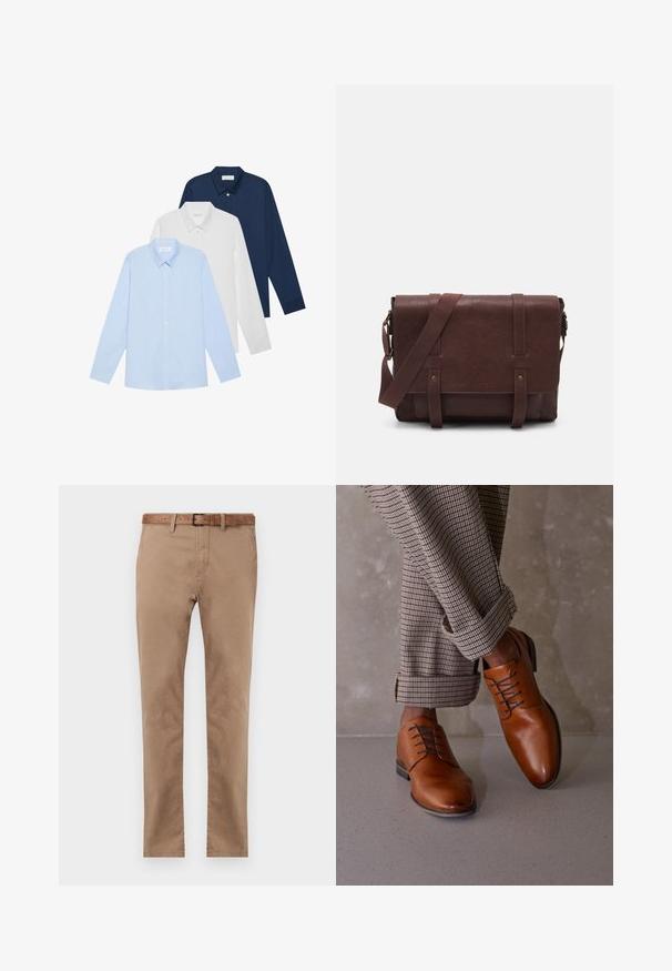 Trois chemises à manches longues : bleu clair, blanche et marine. Toutes ont un col classique et une fermeture à boutons à l'avant, en tissu lisse.; Chino en coton beige avec une coupe droite, doté d'une ceinture en cuir marron, de deux poches avant et d'une texture lisse.; Des chaussures en cuir marron présentent un bout arrondi, un laçage à cinq œillets et des lacets sombres contrastés. Le pantalon est à carreaux, retroussé aux poignets.; Sac en cuir marron de style messager avec un rabat plat à l'avant, deux sangles, des accents en métal doré et une bandoulière adjustable.