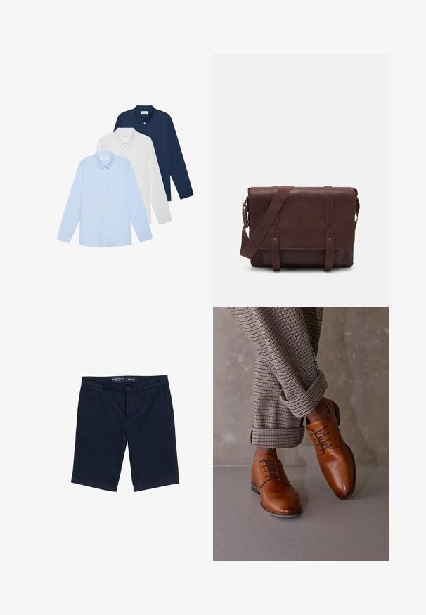 Tres camisas de manga larga: azul claro, blanca y azul marino. Todas tienen un cuello clásico y cierre de botones en la parte delantera, hechas de una tela suave.; Pantalones cortos azul marino de mezcla de algodón, con cierre de botón, bolsillos laterales y diseño de pierna recta. Etiqueta de talla M visible.; Los zapatos de cuero marrón tienen una puntera redondeada, un diseño de cordones con cinco ojales y cordones oscuros que contrastan. Los pantalones son de cuadros y están doblados en los puños.; Bandolera de cuero marrón con una tapa frontal plana, dos correas, detalles en metal dorado y una correa para el hombro ajustable.