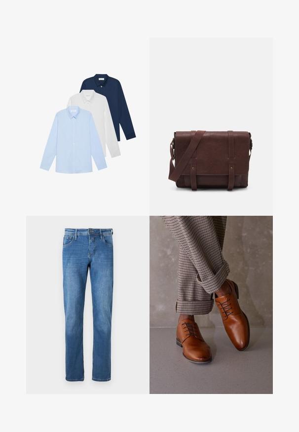 Három hosszúujjú ing: világoskék, fehér és tengerészkék. Mindegyik klasszikus galléros és gombos előlapi, sima anyagból készült.; Középkék farmernadrág egyenes szabásban. Öt zsebbel, gombos zárással és látható varrási részletekkel a varratokon.; Barna bőrcipők kerek orral, öt szemlyukú fűzős kialakítással és eltérő sötét fűzőkkel rendelkeznek. A nadrág kockás, a szárán fel van hajtva.; Barna bőr válltáska, lapos elülső fedéllel, két pánttal, arany színű fém kiegészítőkkel és állítható vállpánttal.