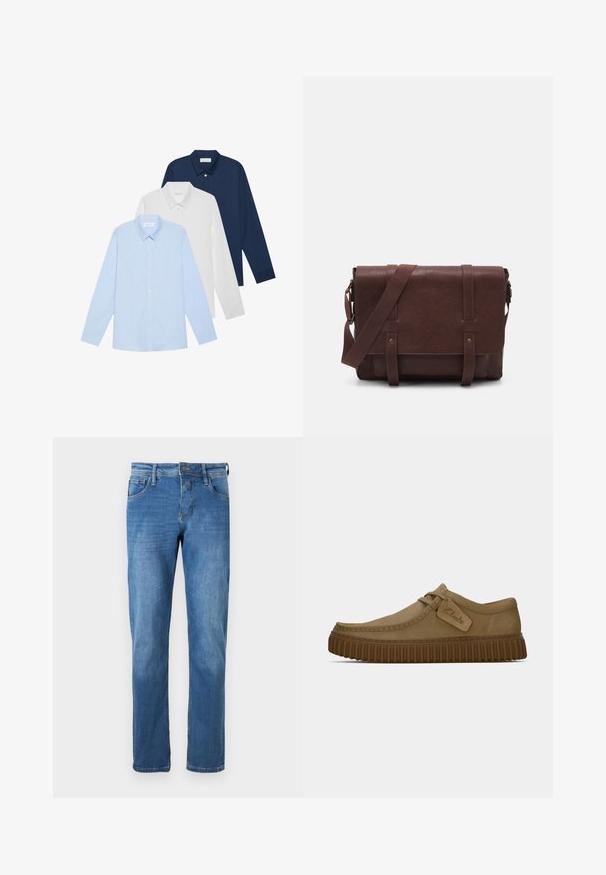 Tri dugih rukava: svijetloplava, bijela i tamnoplava. Svi imaju klasični ovratnik i dugmad sprijeda, izrađeni su od glatkog materijala.; Traperice u srednje plavoj boji s ravnim krojem. Imaju pet džepova, kopčanje na gumbi i vidljive šavove duž šavova.; Svijetlosmeđi nubuk cipele s okruglim vrhom, šavovima detaljima i rebrastom smeškom gumom. Ima bočnu oznaku s "Clarks" logotipom.; Smeđa kožna torba za messenger s ravnim prednjim poklopcem, dva remena, zlatnim hardverskim detaljima i podesivim remenom za rame.