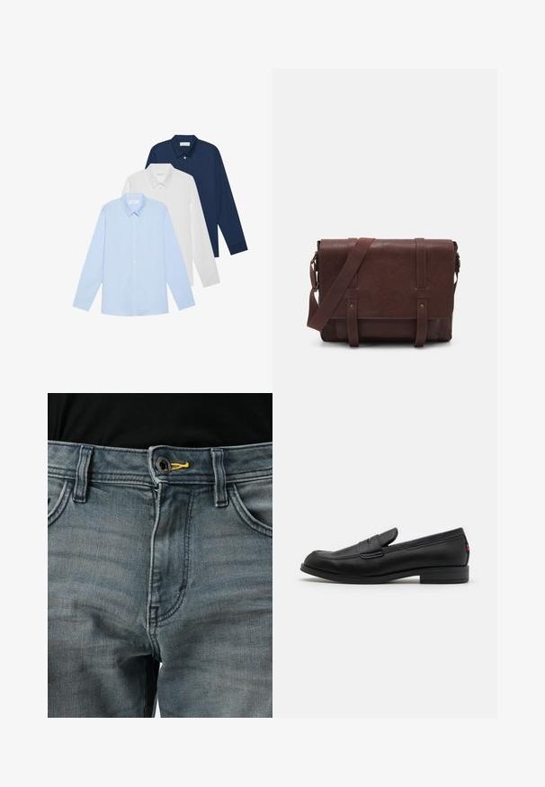 Tři košile s dlouhým rukávem: světle modrá, bílá a námořnická. Všechny mají klasický límec a zapínání na knoflíky, vyrobené z hladkého materiálu.; Vybledlé modré džíny z denimu s knoflíkovým zapínáním, žlutým akcentem na pase a klasickým designem pěti kapes. Textura vypadá jemně a opotřebovaně.; Černé kožené mokasíny s hladkým povrchem, kulatou špičkou a malým dekorativním klopou. Mají nízký stočený podpatek a decentní branding.; Hnědá kožená taška přes rameno s plochým předním klopem, dvěma popruhy, zlatými kovovými detaily a nastavitelným ramenním popruhem.