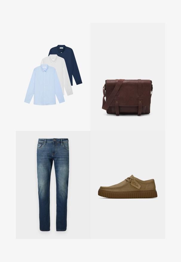 Kolm pika varrukaga särk: helesinine, valge ja tumesinine. Kõigil on klassikaline krae ja nööbid, valmistatud siledast kangast.; Sinine teksapüksid sirge lõikega, pleekinud ees, kontrastõmblused, viis taskut ja nööpidega sulgemine.; Kerged pruunist nahksoost kingad, millel on ümar varvas, õmblustega detailid ja soonikkoes pruun kummitald. Omab külje peal sildi, millel on "Clarks" logo.; Pruunist nahast sõnumiekot, millel on lame eesmine klapp, kaks rihma, kullatud detailid ja reguleeritav õlarihm.