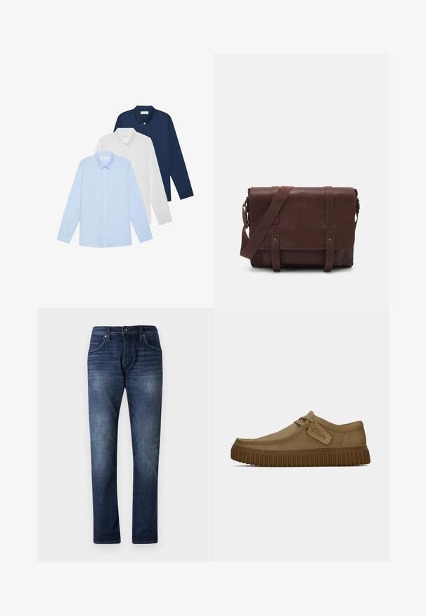 Three long-sleeve shirts: light blue, white, and navy. All have a classic collar and button-down front, made of smooth fabric.; Dark blue denim jeans with a straight leg design, featuring a faded wash, five pockets, and visible stitching detailing along the seams.; Light brown suede shoes with a rounded toe, stitched detailing, and a ribbed brown rubber sole. Features a side tag with "Clarks" logo.; Brown leather messenger bag with a flat front flap, two straps, gold hardware accents, and an adjustable shoulder strap.