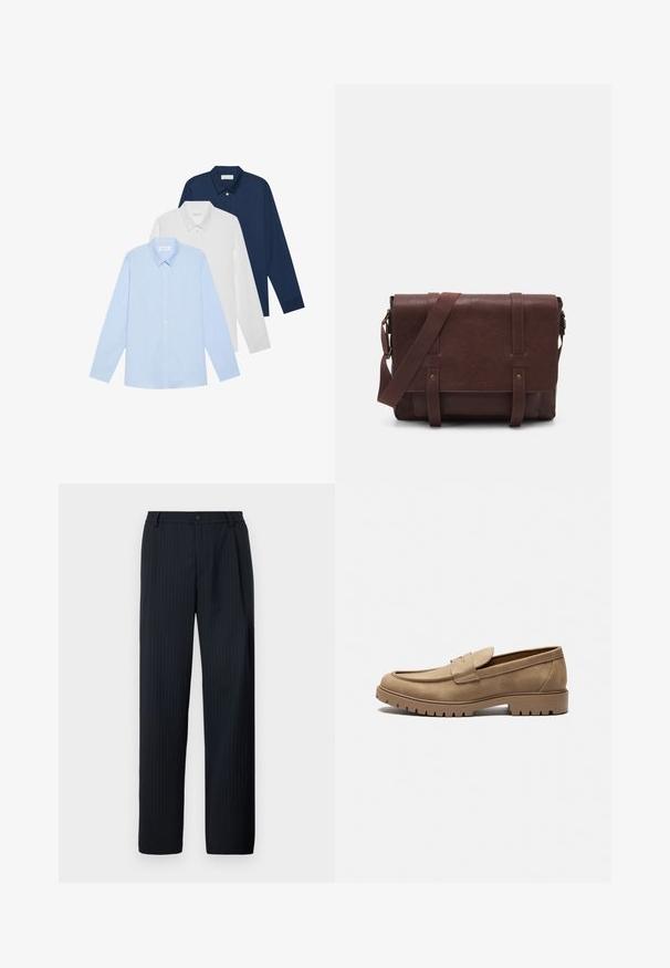 Tre långärmade skjortor: ljusblå, vit och marinblå. Alla har en klassisk krage och knappstängning fram, tillverkade av slät tyg.; Marineblå randiga byxor i lätt tyg, med knappstängning och raka ben. Slät textur genom hela plagget.; Tan mockaskinn loafers med rund tå, platt gummisula och dekorativ sömnad på ovansidan. Har en slip-on-design utan snörning.; Brun läder budväska med en platt framklaff, två remmar, gyllene detaljer och en justerbar axelrem.
