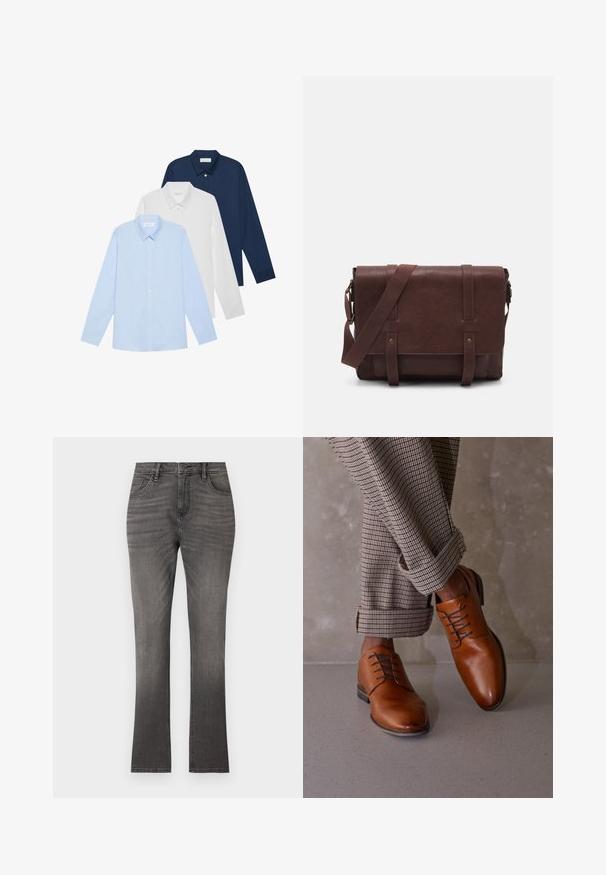 Tre longsleeve skjorter: lyseblå, hvit og marineblå. Alle har klassisk krage og knappestolpe, laget av glatt stoff.; Grå denimjeans med rett benklipp, med en klassisk fem-lomme design og subtil falming. Standard knapp- og glidelås-lukking.; Brune skinnsko har en avrundet tå, fem øyler snøring, og kontrasterende mørke snører. Buksene er rutete og rullet opp i kanten.; Brun lær messenger bag med en flat frontklaff, to stropper, gullfargede detaljer og en justerbar skulderrem.