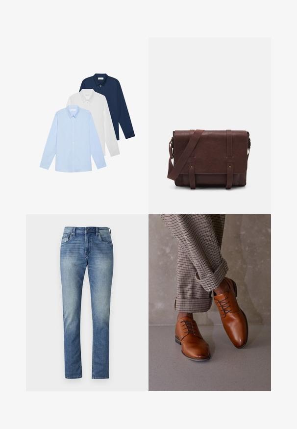 Three long-sleeve shirts: light blue, white, and navy. All have a classic collar and button-down front, made of smooth fabric.; Light blue denim jeans with a straight cut, five pockets, and a faded wash. Features a button closure and belt loops.; Brown leather shoes feature a rounded toe, five eyelet lace-up design, and contrasting dark laces. Pants are plaid, rolled at the cuffs.; Brown leather messenger bag with a flat front flap, two straps, gold hardware accents, and an adjustable shoulder strap.