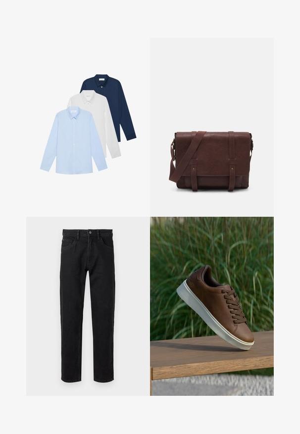 Kolm pika varrukaga särk: helesinine, valge ja tumesinine. Kõigil on klassikaline krae ja nööbid, valmistatud siledast kangast.; Mustad teksapüksid sirge sääre lõikega, viie taskuga disain ja metallnööp sulgemine. Sile tekstuur vähese pleekimisega.; Pruun nahast tenniseking valge kummist tallaga, ümar varvas ja pruunid laced. Talla tekstuuriline haardepind ja ülemise sile pind.; Pruunist nahast sõnumiekot, millel on lame eesmine klapp, kaks rihma, kullatud detailid ja reguleeritav õlarihm.