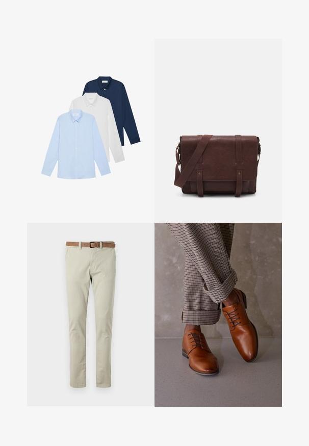 Tri dugih rukava: svijetloplava, bijela i tamnoplava. Svi imaju klasični ovratnik i dugmad sprijeda, izrađeni su od glatkog materijala.; Svijetlosmeđi pamukasti chinos s ravnim krojem. Ima smeđi kožni remen, petlje za remen te standardne prednje i stražnje džepove.; Smeđe kožne cipele imaju zaobljen vrh, pet rupa za vezivanje i kontrastne tamne vezice. Hlače su karirane i podvrnute na rubovima.; Smeđa kožna torba za messenger s ravnim prednjim poklopcem, dva remena, zlatnim hardverskim detaljima i podesivim remenom za rame.