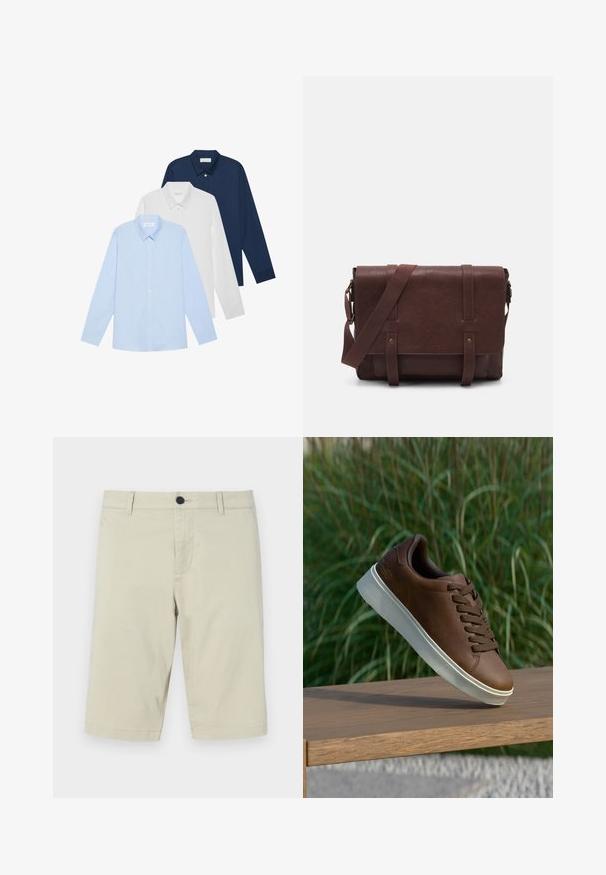 Tre longsleeve skjorter: lyseblå, hvit og marineblå. Alle har klassisk krage og knappestolpe, laget av glatt stoff.; Beige shorts laget av lett bomullsblanding, med flat front, beltehemper, knappestengning og knelengde.; Brune lærersneaker med hvit gummisåle, rund tå og brune lisser. Teksturert grep på sålen og glatt overflate på overdelen.; Brun lær messenger bag med en flat frontklaff, to stropper, gullfargede detaljer og en justerbar skulderrem.