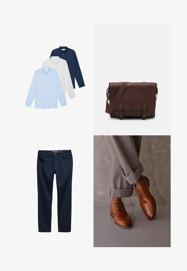 Tres camisas de manga larga: azul claro, blanca y azul marino. Todas tienen un cuello clásico y cierre de botones en la parte delantera, hechas de una tela suave.; Pantalones azul marino fabricados en una suave tela de algodón, con un corte regular, cinco bolsillos y cremallera con cierre de botón.; Los zapatos de cuero marrón tienen una puntera redondeada, un diseño de cordones con cinco ojales y cordones oscuros que contrastan. Los pantalones son de cuadros y están doblados en los puños.; Bandolera de cuero marrón con una tapa frontal plana, dos correas, detalles en metal dorado y una correa para el hombro ajustable.