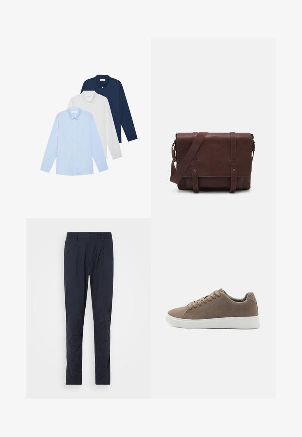Tre longsleeve skjorter: lyseblå, hvit og marineblå. Alle har klassisk krage og knappestolpe, laget av glatt stoff.; Mørkeblå bukser med en glat tekstur, plisseret frontdesign og knappelukning. Elastisk talje for ekstra komfort og pasform.; Brune semskede sneakers med flate hvite gummisåler, snøring, rund tå og en jevn tekstur. Minimalistisk stil med subtile sømdetaljer.; Brun lær messenger bag med en flat frontklaff, to stropper, gullfargede detaljer og en justerbar skulderrem.