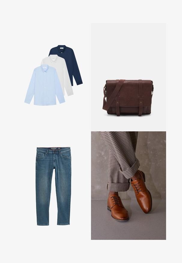 Trei cămăși cu mânecă lungă: albastru deschis, alb și bleumarin. Toate au un guler clasic și o deschidere cu nasturi, fiind confecționate dintr-un material neted.; Jeans din denim albastru cu o croială îngustă, design cu cinci buzunare și o talie interioară roșie. Prezintă o etichetă cu logo pe buzunarul din spate.; Pantofii din piele maro au un vârf rotunjit, un sistem de șireturi cu cinci eyelet-uri și șireturi închise la culoare. Pantalonii sunt cu carouri, răsuciți la tiv.; Geantă de umăr din piele maro, cu un capac frontal plat, două curele, accente din hardware auriu și o curea de umăr reglabilă.