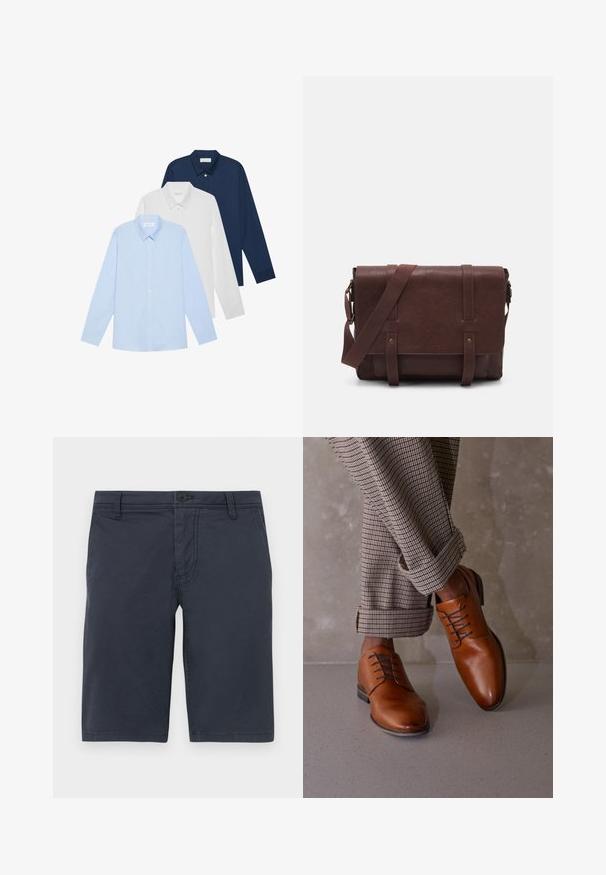 Trois chemises à manches longues : bleu clair, blanche et marine. Toutes ont un col classique et une fermeture à boutons à l'avant, en tissu lisse.; Shorts bleu marine en tissu texturé, dotés d'une fermeture à bouton à l'avant, de passants de ceinture et de poches latérales standards.; Des chaussures en cuir marron présentent un bout arrondi, un laçage à cinq œillets et des lacets sombres contrastés. Le pantalon est à carreaux, retroussé aux poignets.; Sac en cuir marron de style messager avec un rabat plat à l'avant, deux sangles, des accents en métal doré et une bandoulière adjustable.
