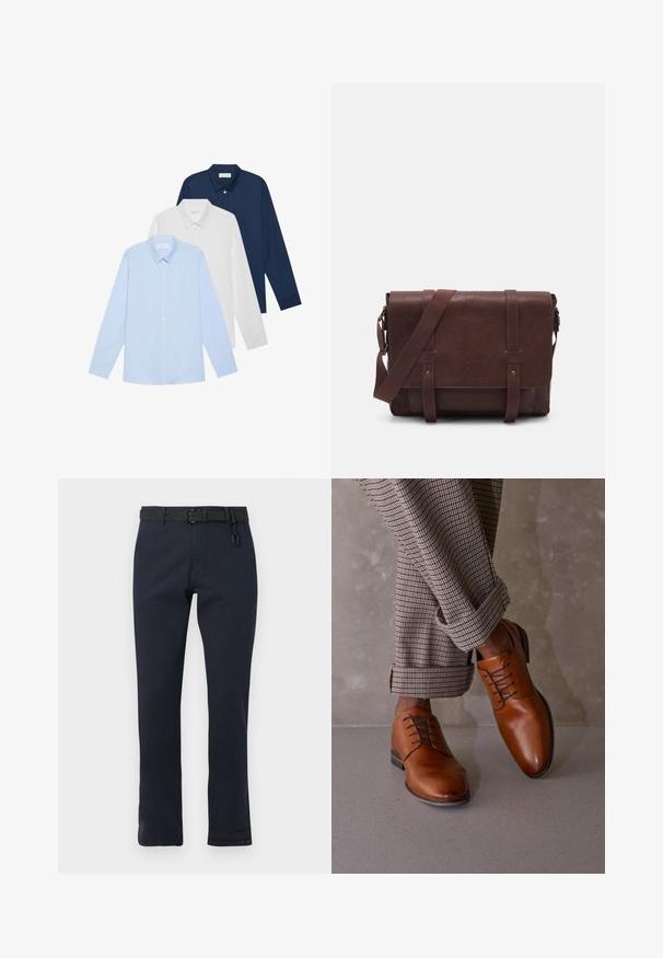 Tre langærmede skjorter: lyseblå, hvid og marineblå. Alle har en klassisk krave og knaplukning foran, lavet af glat stof.; Mørkeblå bukser med lige snit, konstrueret af slidstærkt stof. Har et sort bælte og et enkelt design uden mønstre.; Brune lædersko har en rund tå, fem hoveder til snørebånd og kontrasterende mørke snørebånd. Bukserne er ternede og opsmøgede ved hængslerne.; Brun læder buddeltaske med en flad frontklap, to remme, guld hardware detaljer og en justerbar skulderrem.