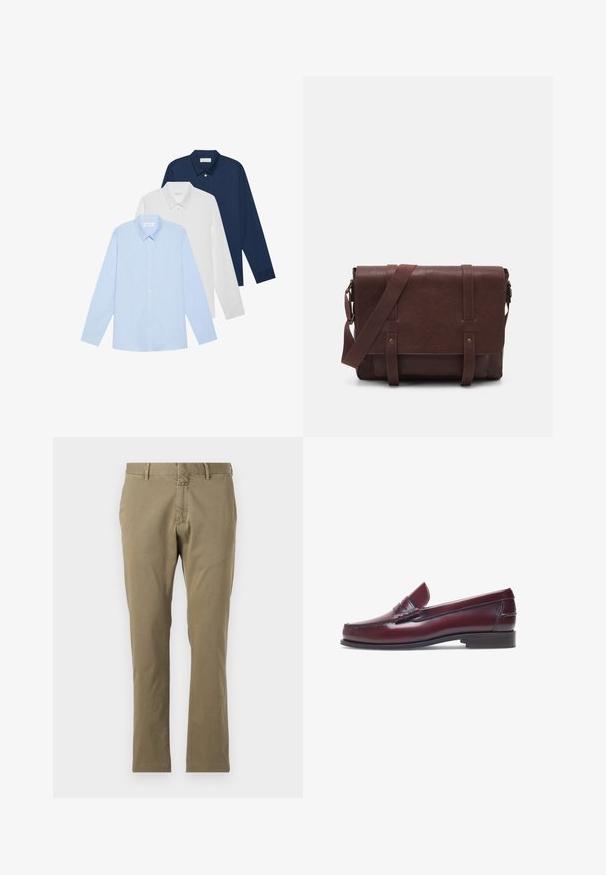 Drei Langarmhemden: hellblau, weiß und marineblau. Alle haben einen klassischen Kragen und eine knöpfbare Vorderseite, aus glattem Stoff gefertigt.; Khaki-Hosen aus Baumwollmischgewebe, mit flachem Bund, klassischer Passform, geraden Beinen, Gürtelschlaufen und einem Reißverschluss.; Burgunderfarbene Lederloafer mit abgerundeter Zehenform, gestickten Details und einem kleinen dekorativen Akzent auf dem Blatt. Flache, kontrastierende Sohle.; Braune Leder-Umhängetasche mit einer flachen Vorderklappe, zwei Riemen, goldenen Hardware-Akzenten und einem verstellbaren Schultergurt.