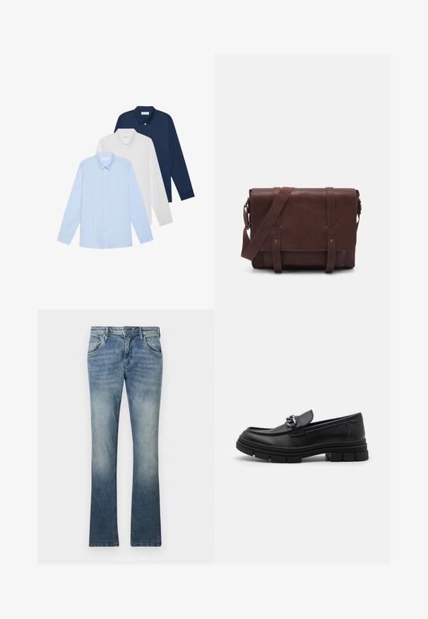 Tres camisas de manga larga: azul claro, blanca y azul marino. Todas tienen un cuello clásico y cierre de botones en la parte delantera, hechas de una tela suave.; Jeans de denim en un azul claro con un lavado en degradado, diseño de cinco bolsillos, cierre de botón metálico y costuras visibles a lo largo de las costuras.; Mocasín de cuero negro con punta redondeada, una correa decorativa con herrajes y una suela gruesa y texturizada. Acabado suave con detalles sutiles.; Bandolera de cuero marrón con una tapa frontal plana, dos correas, detalles en metal dorado y una correa para el hombro ajustable.