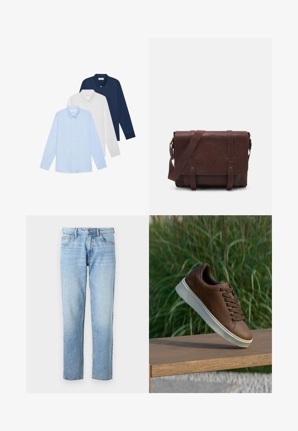 Três camisetas de manga longa: azul claro, branca e azul-marinho. Todas têm gola clássica e frente com botões, feitas de tecido liso.; Fatos de denim azul claro com corte reto, design de cinco bolsos, textura desbotada e fecho clássico de botão e zip.; Sapatilha de couro castanho com sola de borracha branca, bico redondo e atacadores castanhos. Superfície texturizada na sola e acabamento suave na parte superior.; Mala mensageiro de couro castanho com uma aba frontal plana, duas correias, detalhes em metal dourado e uma alça de ombro ajustável.