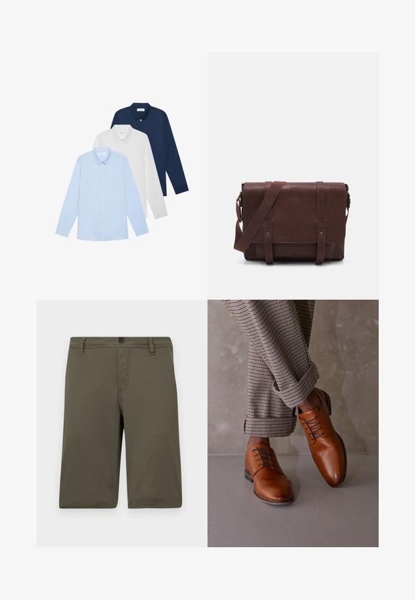 Drei Langarmhemden: hellblau, weiß und marineblau. Alle haben einen klassischen Kragen und eine knöpfbare Vorderseite, aus glattem Stoff gefertigt.; Khaki-Shorts aus strapazierfähigem Stoff mit flachem Bund, Gürtelschlaufen und Knopfverschluss; verfügen über zwei Seitentaschen und sauberen Nähten.; Braune Lederschuhe haben eine abgerundete Zehenpartie, ein schnürendes Design mit fünf Ösen und kontrastierenden dunklen Schnürsenkeln. Die Hose ist karriert und an den Säumen aufgerollt.; Braune Leder-Umhängetasche mit einer flachen Vorderklappe, zwei Riemen, goldenen Hardware-Akzenten und einem verstellbaren Schultergurt.
