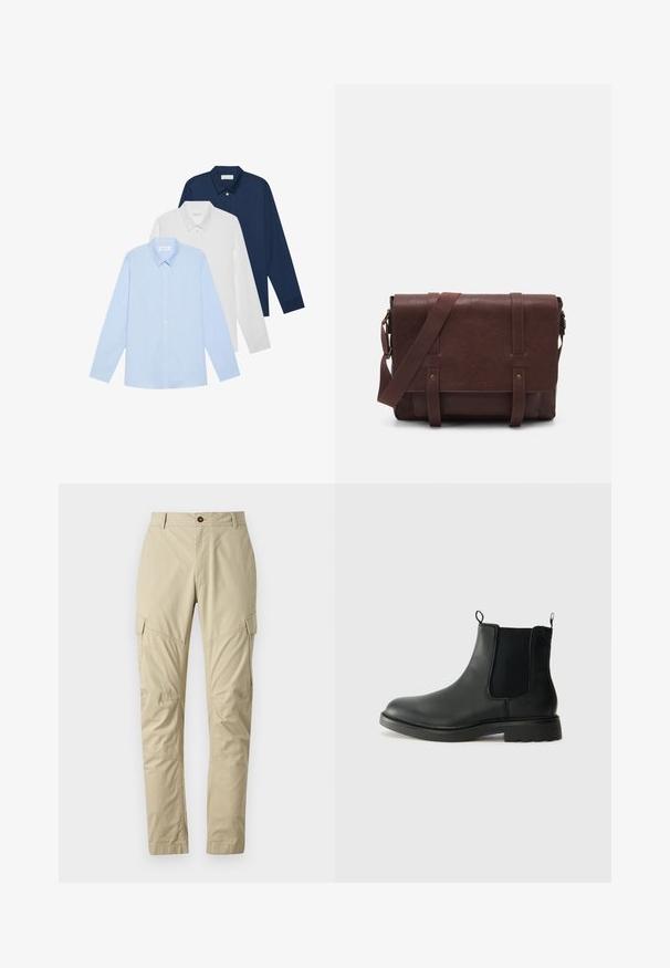 Three long-sleeve shirts: light blue, white, and navy. All have a classic collar and button-down front, made of smooth fabric.; Beige cargo pants made of lightweight fabric, featuring multiple pockets, a button closure, and a tapered leg design. Smooth texture.; Black leather chelsea boots with elastic side panels, pull tabs, rounded toe, and textured rubber sole. Smooth surface and sturdy design.; Brown leather messenger bag with a flat front flap, two straps, gold hardware accents, and an adjustable shoulder strap.