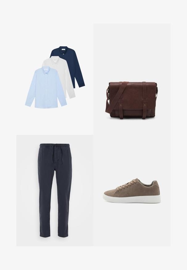 Kolm pika varrukaga särk: helesinine, valge ja tumesinine. Kõigil on klassikaline krae ja nööbid, valmistatud siledast kangast.; Tumed sinine, kerge kangast püksid elastse vöökoha ja nööriga, sportlik disain ja sile tekstuur, nähtavaid taskuid pole.; Pruunid sametist tossud lame valge kummist tallaga, nöörimise disainiga, ümar nina ja siledat tekstuuri. Minimalistlik stiil koos diskreetsete õmblusdetailidega.; Pruunist nahast sõnumiekot, millel on lame eesmine klapp, kaks rihma, kullatud detailid ja reguleeritav õlarihm.