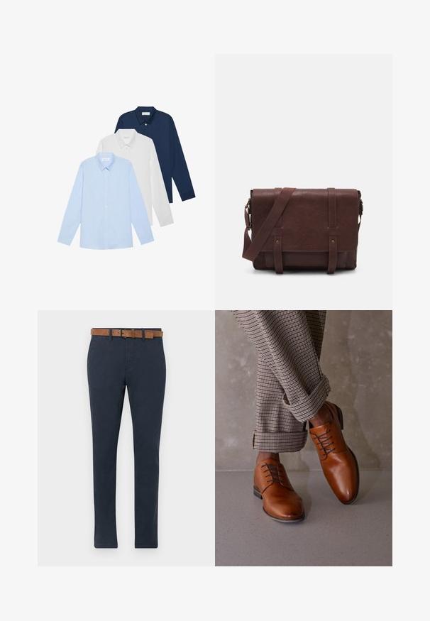 Drie overhemden met lange mouwen: lichtblauw, wit en marineblauw. Allemaal hebben ze een klassieke kraag en een knoopsluiting aan de voorkant, gemaakt van een gladde stof.; Donkerblauwe chinos van katoen met een gladde textuur. Voorzien van een bruine suède riem met een gesp en een rechte pijpdesign.; Bruine leren schoenen hebben een ronde neus, een vetersluiting met vijf gaten en contrasterende donkere veters. De broek is geruit en opgerold bij de mouwen.; Bruine lederen schoudertas met een platte voorflap, twee banden, gouden hardware-accenten en een verstelbare schouderband.