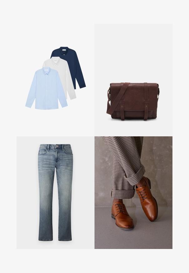 Kolm pika varrukaga särk: helesinine, valge ja tumesinine. Kõigil on klassikaline krae ja nööbid, valmistatud siledast kangast.; Heledad denim-jeans kerge pesu, sirge säärega disain, viie taskuga stiil, metallist nupu sulgemine ja peened pleekinud detailid.; Pruunid nahast kingad on ringikujulise varbaga, viie silmaga nöörimise disainiga ja kontrastsete tumedate nööridega. Püksid on ruudulised ja pahkluude juures üles keeratud.; Pruunist nahast sõnumiekot, millel on lame eesmine klapp, kaks rihma, kullatud detailid ja reguleeritav õlarihm.