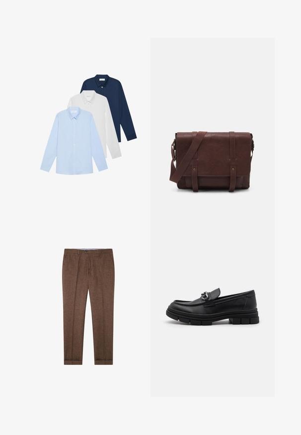 Tre camicie a maniche lunghe: azzurra chiara, bianca e blu navy. Tutte hanno un colletto classico e una chiusura con bottoni, realizzate in tessuto liscio.; Pantaloni marroni su misura con una texture delicata, pieghe, chiusura con bottone e risvolti sul fondo. Adatti per abbigliamento formale o semi-formale.; Mocassino in pelle nera con punta arrotondata, una fascia decorativa e accessori in metallo, e una suola spessa e testurizzata. Finitura liscia con dettagli sottili.; Borsa a tracolla in pelle marrone con un davanti piatto, due cinghie, dettagli in metallo dorato e una tracolla regolabile.; Orologio in metallo argentato con quadrante blu spazzolato, indici bianchi e display della data. Dotato di un bracciale metallico a maglie e logo del marchio.