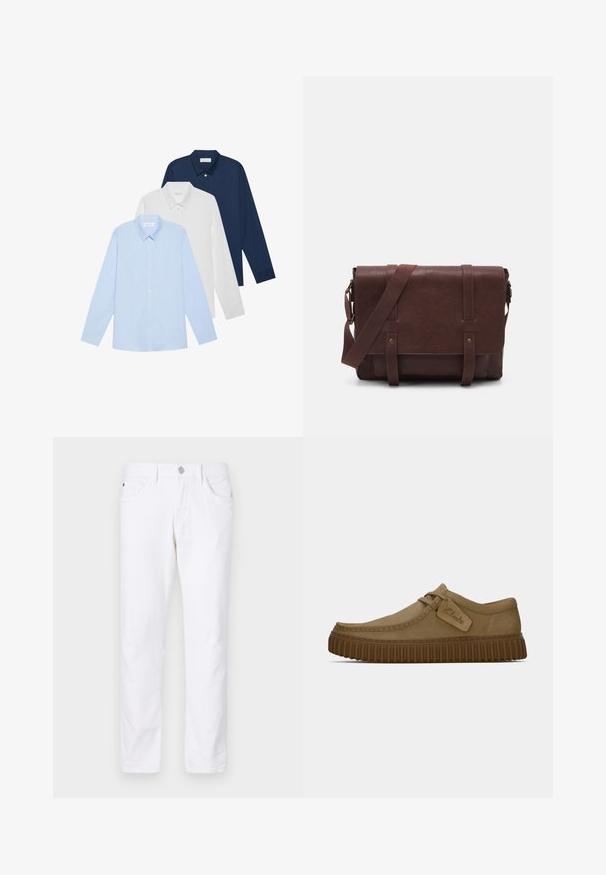 Három hosszúujjú ing: világoskék, fehér és tengerészkék. Mindegyik klasszikus galléros és gombos előlapi, sima anyagból készült.; Fehér pamut farmernadrág egyenes lábbal, gombos záródással, öt zsebbel és diszkrét varrási részletekkel.; Világosbarna velúr cipők, lekerekített orral, díszített varrással és bordás barna gumi talppal. Az oldalon található egy címke a "Clarks" logójával.; Barna bőr válltáska, lapos elülső fedéllel, két pánttal, arany színű fém kiegészítőkkel és állítható vállpánttal.