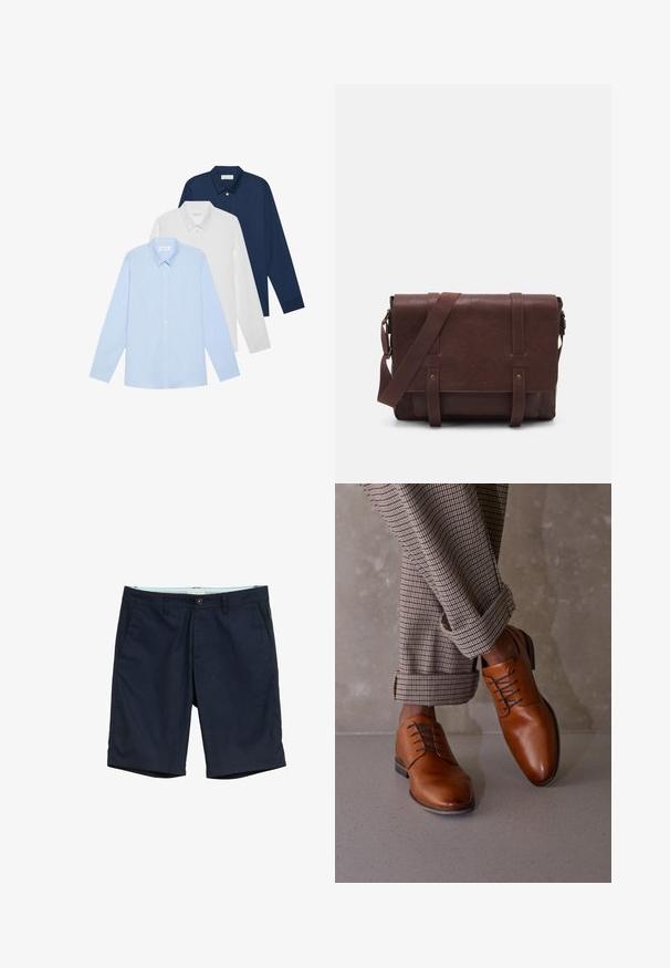 Tri dugih rukava: svijetloplava, bijela i tamnoplava. Svi imaju klasični ovratnik i dugmad sprijeda, izrađeni su od glatkog materijala.; Tamno plave kratke hlače od mješavine pamuka, s kopčanjem na dugme, dva bočna džepa i ravnim rubom s suptilnom teksturom.; Smeđe kožne cipele imaju zaobljen vrh, pet rupa za vezivanje i kontrastne tamne vezice. Hlače su karirane i podvrnute na rubovima.; Smeđa kožna torba za messenger s ravnim prednjim poklopcem, dva remena, zlatnim hardverskim detaljima i podesivim remenom za rame.