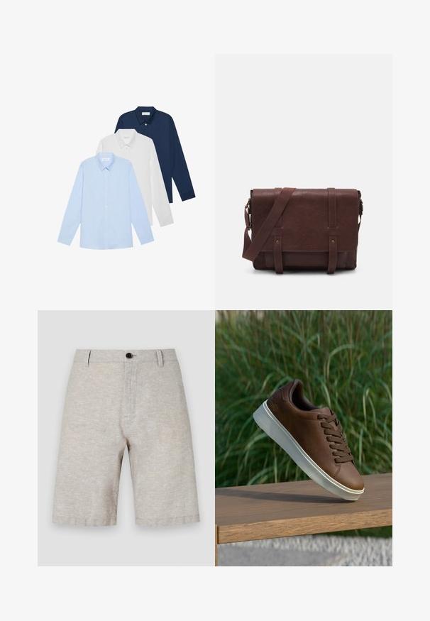 Három hosszúujjú ing: világoskék, fehér és tengerészkék. Mindegyik klasszikus galléros és gombos előlapi, sima anyagból készült.; Beige lenvászon sort, sima textúrával, egy gombos záródással, övhurkokkal és egyenes szabással, amely a comb közepéig ér.; Barna bőr tornacipő fehér gumi talppal, lekerekített orral és barna fűzős kialakítással. A talp texturált tapadással, míg a felsőrész sima felülettel rendelkezik.; Barna bőr válltáska, lapos elülső fedéllel, két pánttal, arany színű fém kiegészítőkkel és állítható vállpánttal.