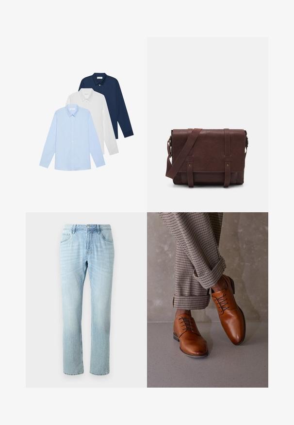 Tři košile s dlouhým rukávem: světle modrá, bílá a námořnická. Všechny mají klasický límec a zapínání na knoflíky, vyrobené z hladkého materiálu.; Světlé modré džíny z denimu se střihovým designem rovného nohavice, s pěti kapsami, jemným vyblednutím a kovovým knoflíkem na pase.; Hnědé kožené boty mají zaoblenou špičku, pět dírek na šněrování a kontrastní tmavé tkaničky. Kalhoty jsou kostkované a na koncích ohrnuté.; Hnědá kožená taška přes rameno s plochým předním klopem, dvěma popruhy, zlatými kovovými detaily a nastavitelným ramenním popruhem.