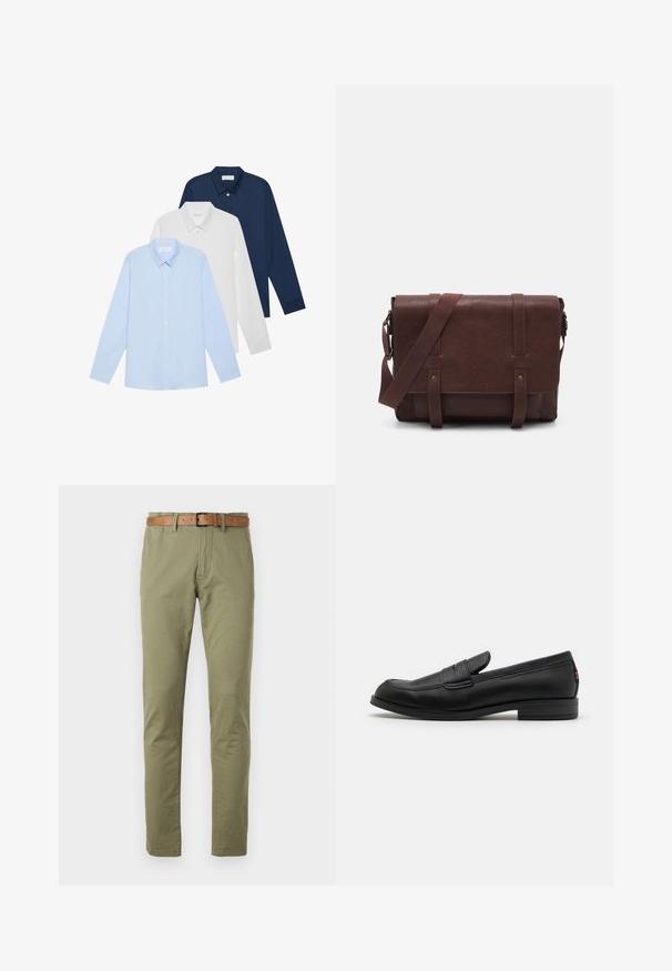 Trois chemises à manches longues : bleu clair, blanche et marine. Toutes ont un col classique et une fermeture à boutons à l'avant, en tissu lisse.; Pantalon en coton vert olive avec une coupe droit, doté d'une ceinture en cuir marron et d'une texture lisse. Poches avant simples.; Mocassins en cuir noir avec une finition lisse, un bout arrondi et une petite flèche décorative. Dotés d'un petit talon empilé et d'un détail de marque subtil.; Sac en cuir marron de style messager avec un rabat plat à l'avant, deux sangles, des accents en métal doré et une bandoulière adjustable.