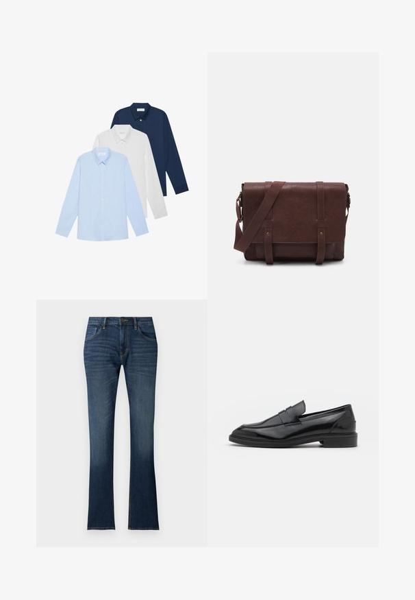 Tričko s dlhým rukávom: svetlomodré, biele a tmavomodré. Všetky majú klasický golier a zapínanie na gombíky, vyrobené z hladkej látky.; TMavomodré riflové džínsy s miernym rozšírením na spodnej časti, štruktúrovaný pás, päť vreciek a jemné vyblednutie pri leme.; Čierne kožené loaferky s hladkým povrchom, s okrúhlou špičkou a úzkym pásom cez vrch. Nízky vrstvený podpätok.; Hnedá kožená messenger taška s plochým predným klopom, dvoma popruhmi, zlatými kovovými detailmi a nastaviteľným ramenným popruhom.