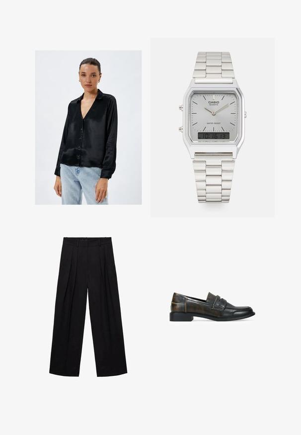 Schwarze Satin-Hemdbluse mit V-Ausschnitt, langen Ärmeln und glatter Textur. Taillierte Passform mit einem dezenten Glanz und klassischem Kragen-Design.; Schwarze, plissierte Hose mit hoher Taille und weit geschnittenem Bein, aus einem glatten Stoff gefertigt. Verfügt über seitliche Taschen und einen Reißverschluss.; Schwarze Lederloafer mit einer strukturierten braunen Oberfläche, ausgestattet mit einem Riemen über dem Obermaterial, niedrigem Blockabsatz und glattem, abgerundetem Zehenbereich.; Silberne Casio Quarzuhr mit rechteckigem Ziffernblatt, analogem und digitalem Display, Edelstahlarmband und wasserdichten Eigenschaften.