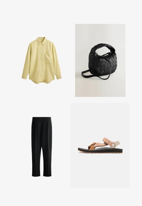Világos sárga, hosszú ujjú, gombos ing, texturált anyagból készült, hegyes gallérral és bal oldalon egy zsebbel.; Fekete melegítőnadrág sima textúrával, rugalmas derékbőséggel és egyenes szabású dizájnnal. Nincsenek látható minták vagy fém részletek.; Lábbelik: lapos szandál, állítható pántokkal, barack, bézs és krém színben. Gumi talp, texturált felülettel, barna részletekkel és fekete alappal.; Fekete szőtt bőrtáska kerek formával, több fonott fogantyúval, cipzáros zárással és állítható vállpánttal. Strukturált felület.