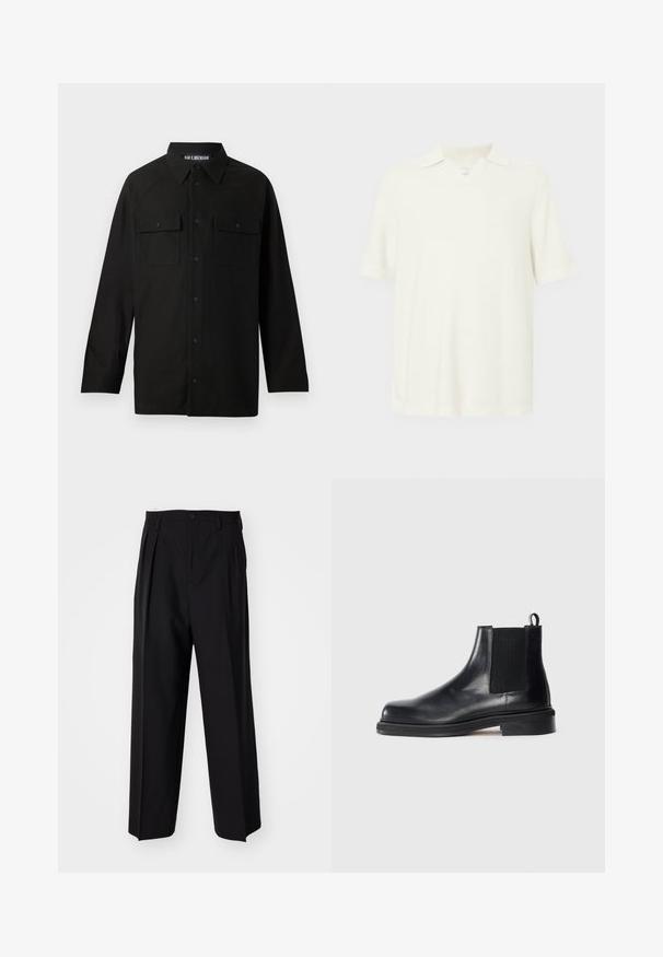 Crna košulja s dugim rukavima, ovratnikom, dva džepa na prsima s preklopom i ravnim rubom. Izrađena od glatkog materijala.; Polo majica kratkih rukava, svijetlo krem boje, napravljena od teksturiranog materijala, s V-izrezom i klasičnim kragnom.; Crne plisirane hlače s ravnim širokim nogavicama. Izrađene od glatkog materijala, s dugmadi za zatvaranje i petljama za remen.; Crne kožne Chelsea čizme s elastičnom bočnom pločom, okruglim vrhom, trakom za povlačenje na peti i niskom složenom potplatu na ravnoj pozadini.