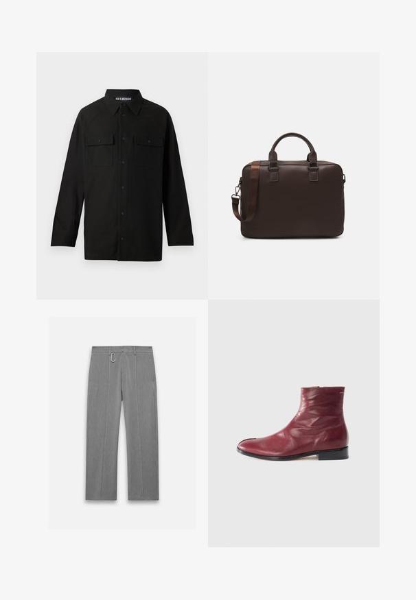 Czarna koszula zapinana na guziki, z kołnierzykiem, długimi rękawami, dwiema kieszeniami na piersi z klapkami oraz prostym dołem. Wykonana z gładkiego materiału.; Szare dopasowane spodnie o teksturowanym wykończeniu. Posiadają zamek błyskawiczny z przodu, boczne kieszenie oraz akcenty ze srebrnego metalu. Prosta nogawka.; Burgundowe skórzane botki sięgające kostki o gładkiej teksturze, z bocznym zamkiem błyskawicznym, okrągłym noskiem i niskim czarnym obcasem, z delikatnymi zmarszczkami i minimalnym przeszyciem.; Brązowa skórzana torba na laptopa z teksturowaną powierzchnią, podwójnymi uchwytami na górze, regulowanym paskiem oraz dwoma przednimi klamrami dla dodatkowego stylu.