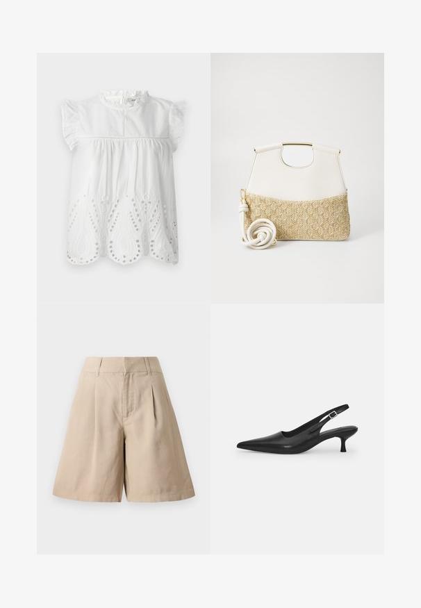 Fehér pamut blúz fodros ujjal, magas gallérral, és hímzett fűzős díszítéssel az alján, paisley mintában.; Beige pamut rövidnadrág pliszével, magas derékkal és egyenes szabású. A sima textúra és a szabott dizájn struktúrált megjelenést biztosít.; Fekete bőr szandálcipő hegyes orral és karcsú, ívelt sarokkal. Diszkrét, állítható pánttal rendelkezik, fém csattal.; Fehér bőr kézitáska texturált krémszínű, szőtt anyagú aljjal. Aranyszínű fogantyúval és tekert fehér pánttal rendelkezik a sokoldalúság érdekében.
